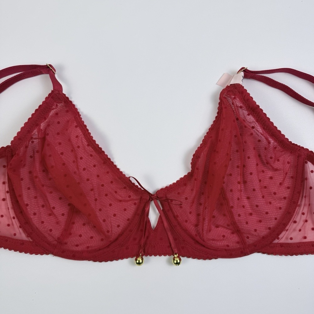 Victoria's Secret Very Sexy Red Mesh Polka Dot Unlined Jingle Bell Bra 36C NWT